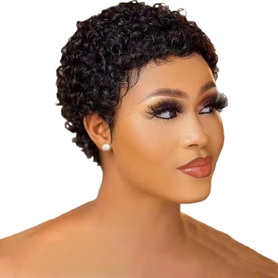 250% Densità Pixie Cut Curly Human Hair Wig con materiale base di pizzo svizzero