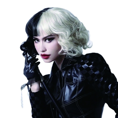 Curly Short Bouncy Bang Hair Wig Bianco E Nero Cruella Cosplay Fibra resistente al calore
