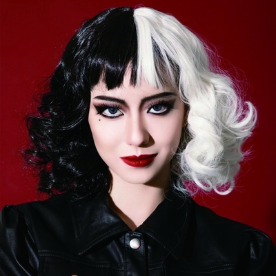 Curly Short Bouncy Bang Hair Wig Bianco E Nero Cruella Cosplay Fibra resistente al calore