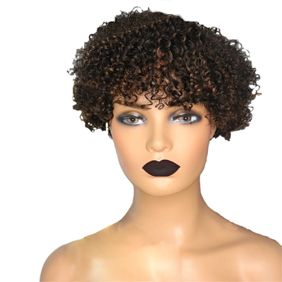 Perrucchia color marrone chiaro afro ricci cuticule allineata corto taglio dei capelli da fantoccio parrucche con frangia