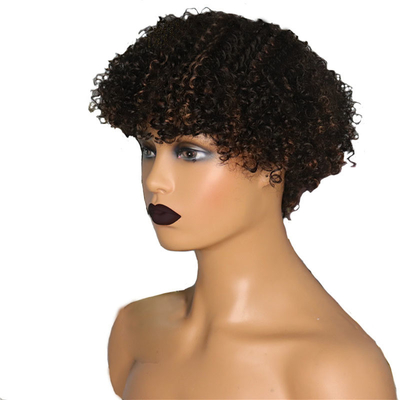 Perrucchia color marrone chiaro afro ricci cuticule allineata corto taglio dei capelli da fantoccio parrucche con frangia