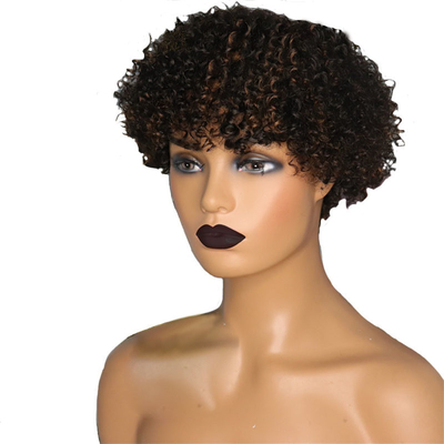 Perrucchia color marrone chiaro afro ricci cuticule allineata corto taglio dei capelli da fantoccio parrucche con frangia