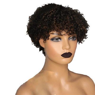 Perrucchia color marrone chiaro afro ricci cuticule allineata corto taglio dei capelli da fantoccio parrucche con frangia