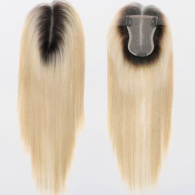 Base di seta europea Ash Blonde Straight Clip On Human Hair Topper con pizzo HD per donne