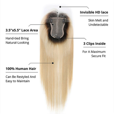 Base di seta europea Ash Blonde Straight Clip On Human Hair Topper con pizzo HD per donne