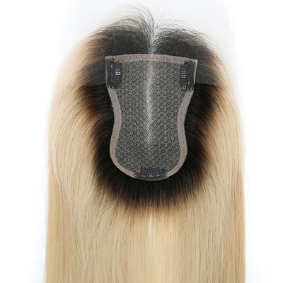 Base di seta europea Ash Blonde Straight Clip On Human Hair Topper con pizzo HD per donne