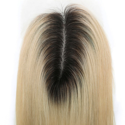 Base di seta europea Ash Blonde Straight Clip On Human Hair Topper con pizzo HD per donne