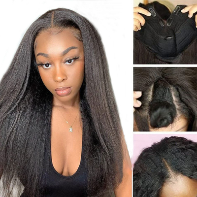 Parrucche Lunghezza V Parte Longue Senza colla Afro Kinky Capelli umani dritti Parrucca 250% Densità