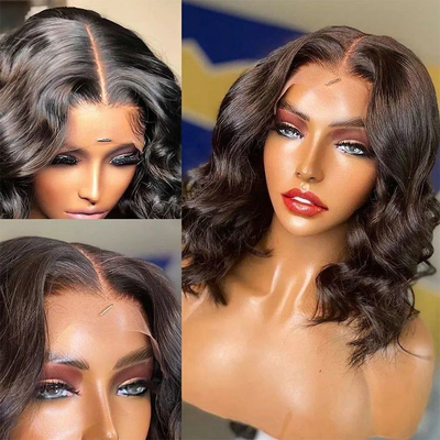 Molto nero 13x6 pizzo frontale stile corto Bob corpo ondulare capelli umani parrucche per donne nere